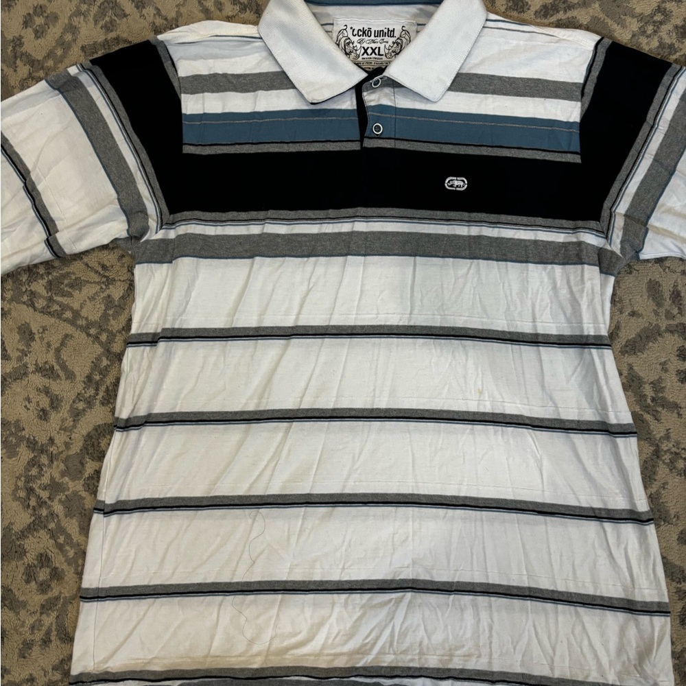Ecko Unlimited Black, Gray, and White Striped Polo